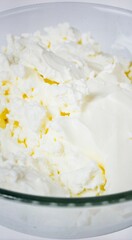 Artisanal organic cottage cheese with large, tender curds and fresh cream, showcasing traditional cheese-making craftsmanship, isolated on clean white background.