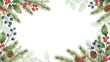 Watercolor Christmas Frame with Pine Branches, Berries, and Holly Leaves.