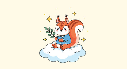 Whimsical illustration of a cute cartoon squirrel in a blue shirt sitting on a fluffy cloud, holding a green branch amidst twinkling stars.