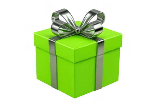 Green gift box with silver ribbon celebrating surprise - Powered by Adobe