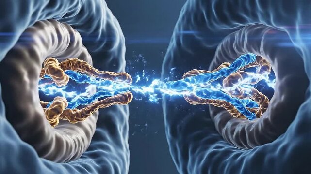 Microscopic View of Cell Division Mitosis Anaphase Stage Chromosomes Separating With Spindle Fibers and Blue Energy Sparking Between Them Against Dark Blue