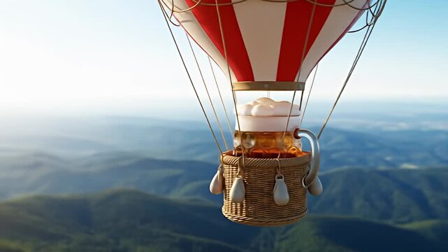 Hot air balloon shaped like a beer mug flying over mountains.