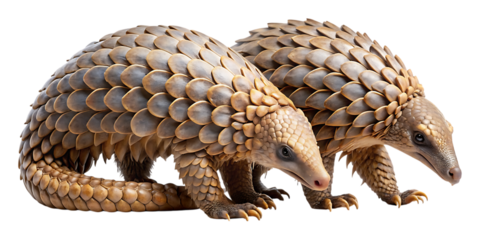 A pair of pangolins with unique scaled armor standing against a plain white backdrop