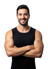 Fototapeta premium A muscular man with a confident smile wearing a black tank top arms crossed isolated on transparent background