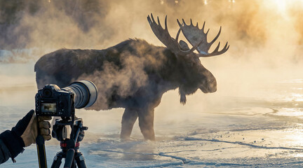 massive bull moose emerging through golden winter steam at sunrise