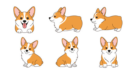 Obraz premium Adorable cartoon corgi dogs illustration set, featuring happy pets in different sitting, standing, and lying positions.