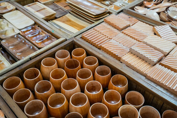 a collection of items made of wood that are usually sold as souvenirs
