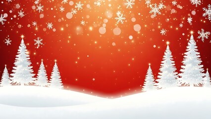 Winter Snowfall Christmas Trees Red Background Festive Scene.