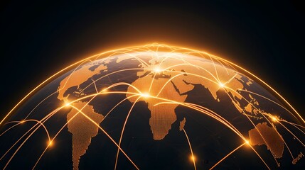 A glowing depiction of the Earth shows continents outlined in golden dots, with bright lines arching across the globe indicating global connectivity.
