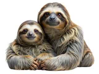 Adorable two-toed sloths cuddle closely, showcasing their long fur and gentle expressions against a clean isolated background, perfect for wildlife themes.