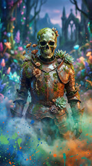 Fototapeta premium ancient moss-covered skeleton knight rising in vibrant enchanted forest