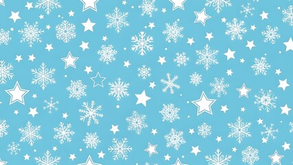 Winter Wonderland Seamless Pattern with Snowflakes and Stars on Blue Background.