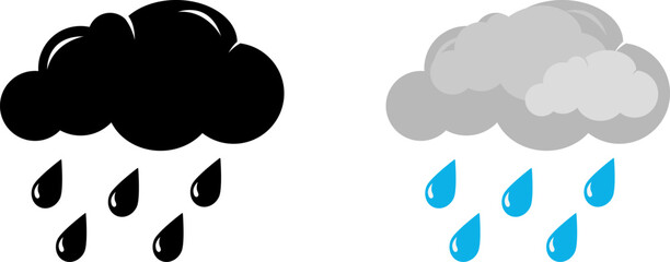 Black and gray rain cloud icons with water droplets