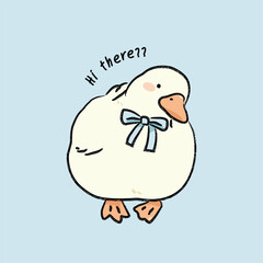 Adorable Duck with a Bow Cartoon. Hand drawn. Vector. Illustration.