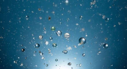 Blue background with floating water bubbles some are clear and some have debris trapped inside