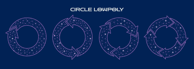 Set of circular polygonal arrows on a dark blue background. Digital technology concept.