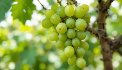 Close up of a bunch of green grapes hanging from a vine in a vineyard with a blurred background