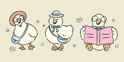 Cute Duck doodle vector set. Hand drawn Cartoon kawaii style. Soft colors vector illustration.