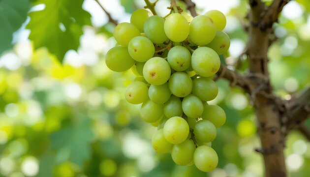 Close up of a bunch of green grapes hanging from a vine in a vineyard with a blurred background - Powered by Adobe