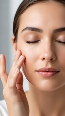 Woman applying skincare product to her face with eyes closed.