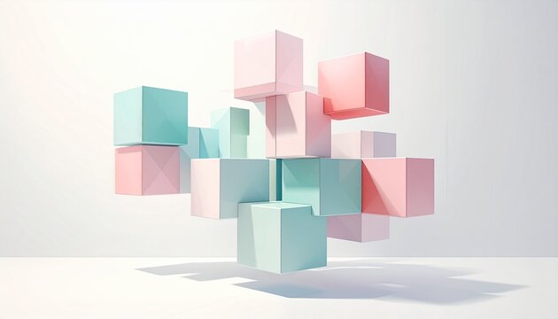 Interlocking geometric cubes in pastel colors, floating in white space