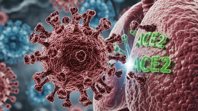 Microscopic View Of Coronaviruses Attacking Lungs Via ACE2 Receptors With Medical Detail And Scientific Illustration