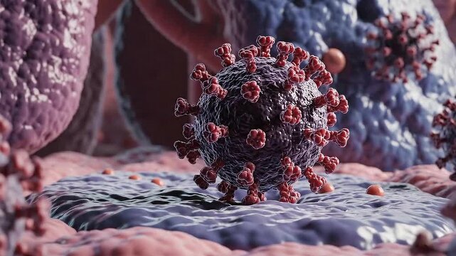 Microscopic View of Coronaviruses Spreading Within Human Respiratory Cells in a Medical Laboratory Setting with Realistic Lighting