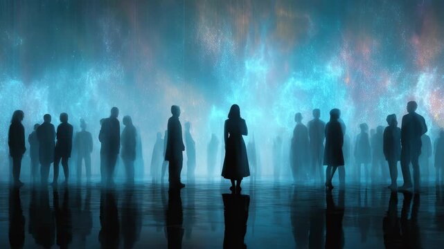 Blurred people silhouettes in luminous collaborative workplace concept. Working together in a modern office room with warm light and luminous greenery.