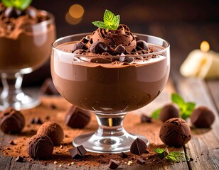 Decadent chocolate dessert with mint garnish in glass bowl