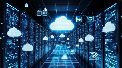 A glowing server room with cloud icons, networking, and blue accents - Powered by Adobe