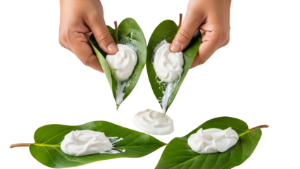 Hands Holding Green Leaves with White Cream Dessert - Still Life