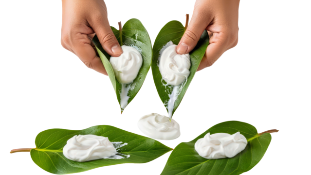 Hands Holding Green Leaves with White Cream Dessert - Still Life