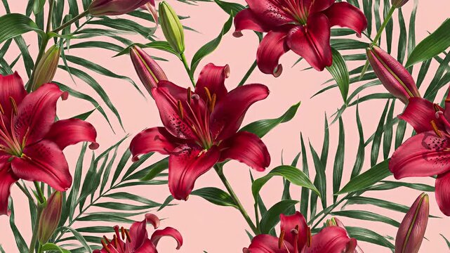 Seamless pattern with red lilies and palm leaves on a pink background.