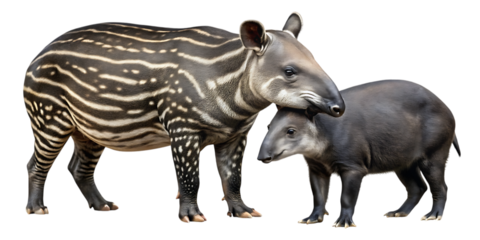 Two tapirs, an adult with distinctive stripes and a young one, stand close together, isolated on a clean white background, showcasing their unique appearance and bond. 148 characters.