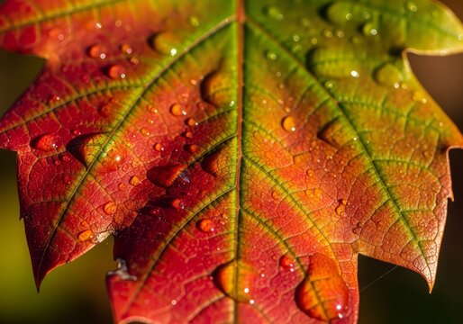 Close up of a vibrant autumn leaf with water droplets showing red orange and green colors in detail