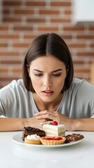 Woman Contemplating Desserts on Plate, Temptation and Choice.