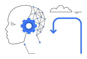 Artificial intelligence. AI with a neural network, gear, and cloud elements. Artificial intelligence supports cloud computing and technological advancements. For data science, innovation, technology