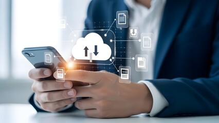 Man using smartphone with cloud computing and data transfer technology