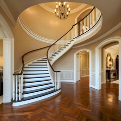 Grand staircase, spiral staircase, curved staircase, elliptical staircase, grand entrance, luxury home, foyer, entry hall