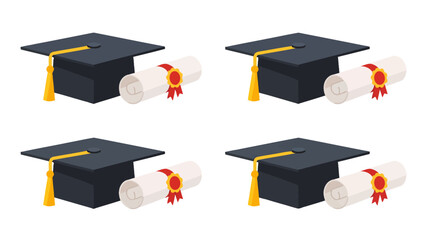 Four graduation caps and diplomas arranged in a grid, symbolizing academic achievement and completion of studies.