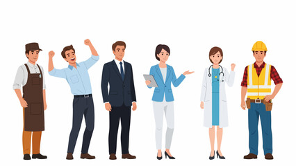 Fototapeta premium Six diverse people representing various professions and occupations, including a barista, businessman, doctor, and construction worker.