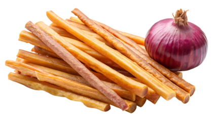 Pile of textured dog chew sticks and a whole red onion isolated on a transparent background, studio lighting highlighting textures and colors for visual appeal.