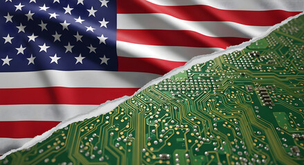 Concept of US technology and semiconductor industry with American flag and circuit board