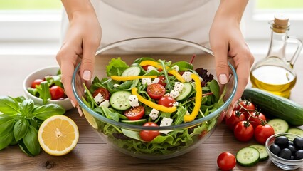 Woman holding a fresh vibrant salad bowl with various ingredients on a wooden table, promoting healthy eating and lifestyle.