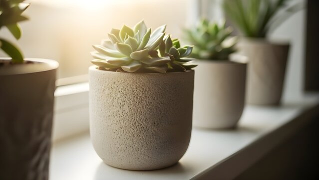 Succulent plants in ceramic pots on a window sill with natural light - Powered by Adobe