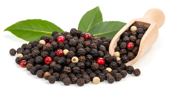 Pile of mixed peppercorns with wooden scoop and bay leaves on white - Powered by Adobe