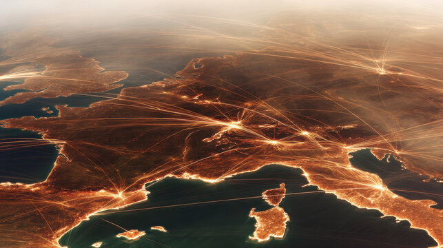 Europe map showing global network connections and data communication
