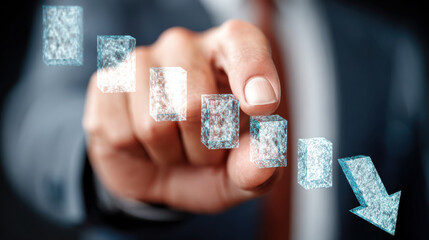 Hand pushing decreasing sales bar graphic decline