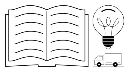Open book symbolizes knowledge, lightbulb signifies ideas and innovation, delivery truck suggests logistics. Ideal for education, creativity, business, learning, innovation, logistics strategy
