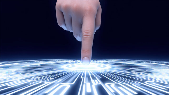 Human finger touching a futuristic glowing digital interface - Powered by Adobe
